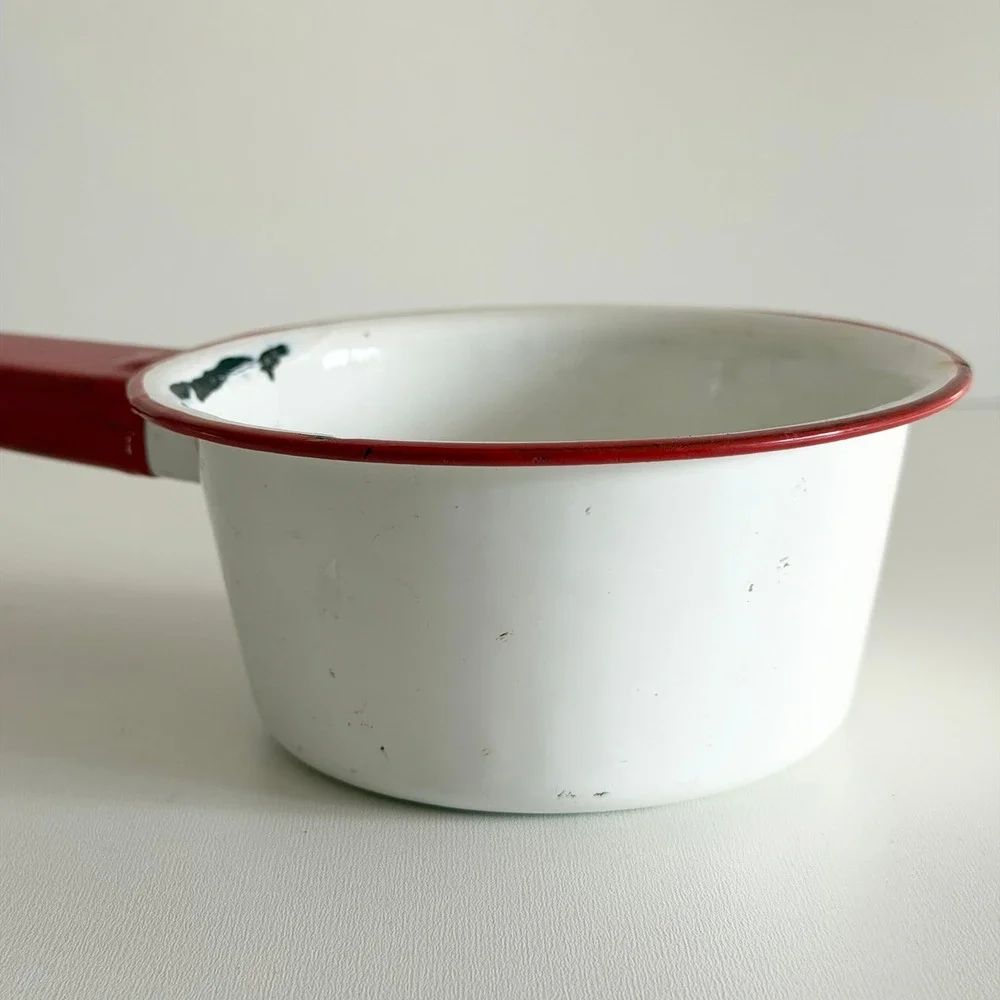 Vintage Mid-Century Enamelware Sauce Pot Red/White 5